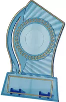 Tryumf Plastikinis trofėjus – skaidrus – auksinis su vieta 25/40 mm lipdukui ir 56 mm x 18 mm plokštei T-M