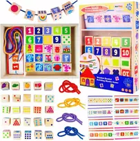 Malplay Montessori medinės kaladėlės su virvelėmis mokymuisi