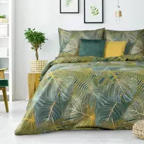 Eurofirany Medvilninio satino patalynės komplektas su tropinių lapų raštais, dvipusis, 220x200 cm, 2 pagalvių užvalkalai, egzotiškas žalias turkio geltonas miegamojo dekoras, minkšta patalynė Patalynė