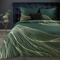 Eurofirany Medvilninio satino patalynės komplektas, 220x200 cm antklodės užvalkalas su 2 pagalvių užvalkalais, žalių ir auksinių lapų raštas, užtrauktukas, 125 g/m² tankis, miegamojo tekstilė Patalynė