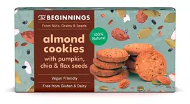 KNYGA Veganiški migdoliniai sausainiai THE BEGINNINGS, su moliūgu, chia ir linų sėklomis, 80 g