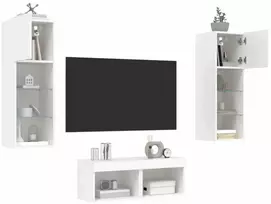 TV staliukas Sieninės TV spintelės su LED lemputėmis, 4 dalių, baltos