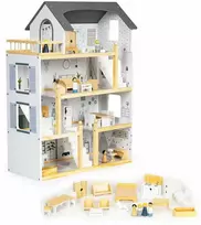 Lėlių namelis su 17 medinių baldų komplektu ECOTOYS