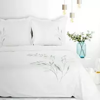 Eurofirany Satino medvilnės patalynės komplektas, siuvinėtas baltas su žaliais lapais, 160x200 cm antklodės užvalkalas, 70x80 cm pagalvių užvalkalai, lengva priežiūra, miegamojo tekstilė Patalynė