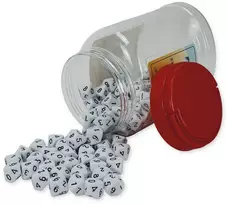 Dėlionė TimeTEX 10-ies plokštumų kauliukų rinkinys plastikiniame inde, taškai "0-9", balti, 100 vnt. (TT93602)