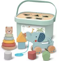 Woopie Tooky Toy Medinis žaislas 3in1: formų rūšiavimo dėžė su lokiu ir dramblio traukimo žaislu