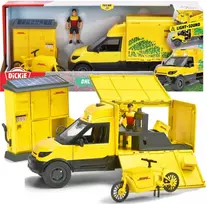 Dickie DHL komlektas geltona furgonas su figūrėlė siuntų spintelė kurjerio dviratis + priedas šviesos garsas