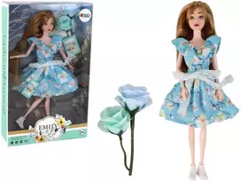 Lėlė Emily su mėlyna suknele ir gėlėm