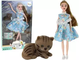Lėlė Emily su mėlyna suknele ir katinu
