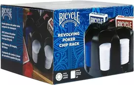 Bicycle besisukantis pokerio žetonų (poker chip rack) stovas su rankena, 200x žetonų, 2 kortų kaladėlės