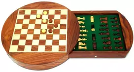 Italfama MAGNETINIAI šachmatai su apvalia medine lenta ir stalčiumi + ŠAŠKĖS. Diametras: 16cm., karalius 1,8cm.