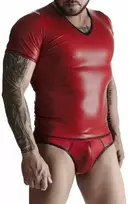 Regnes Fetish Planet vyriškas „wetlook“ komplektas: marškinėliai V formos iškirpte, braziliškos kelnaitės
