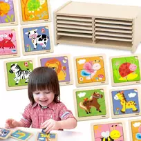 Viga Toys VIGA medinė dėlionė, 12 lentelių po 4 dėliones, stovelyje