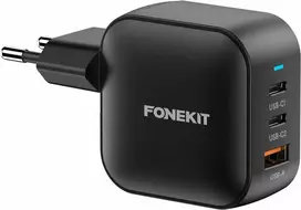 FoneKit GaN PD 70W -verkkovirtalaturi, USB-C + USB-C + USB-A, musta