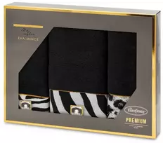 Rankšluostis Eurofirany Medvilninių rankšluosčių rinkinys dėžutėje 3 vnt., 500g/m², juodas zebro raštas, dekoratyviniai elementai, 30x50 cm 50x90 cm 70x140 cm, vonios tekstilė
