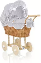 My Sweet Baby Lėlės pintas vežimėlis su pilka patalyne – natūralus