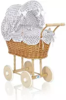 My Sweet Baby Lėlės pintas vežimėlis su pilka patalyne – natūralus