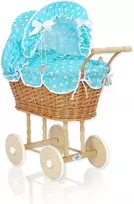 My Sweet Baby Lėlės pintas vežimėlis su turkio spalvos patalyne – natūralus