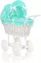 My Sweet Baby Lėlės pintas vežimėlis su mėtų spalvos patalyne – baltas