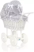 My Sweet Baby Lėlės pintas vežimėlis su pilka patalyne – baltas