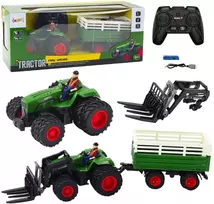 Lean Toys Nuotoliniu būdu valdomas žemės ūkio traktorius su priekaba ir šakėmis