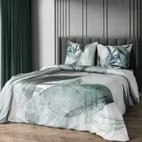 Eurofirany Medvilninio satino patalynės komplektas, 220x200 cm antklodės užvalkalas su lapų raštu, šviesiai pilka ir mėtų žalia, 3 dalių rinkinys, miegamojo tekstilė