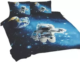 Multitex Medvilninės patalynės komplektas 220x200 cm, kosmoso tematikos juodas ir mėlynas dizainas, universalus dydis, 3 dalių rinkinys su užvalkalais, miegamojo tekstilė