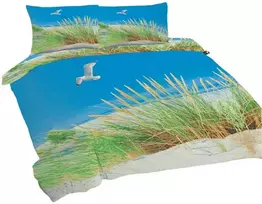 Multitex Medvilninės patalynės komplektas 220x200 cm, paplūdimio žuvėdrų ir žolės melsvai žalias raštas, 3 dalių rinkinys su antklodės ir pagalvių užvalkalais, OEKO-TEX sertifikatas, miegamojo tekstilė