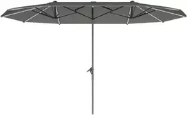 Outsunny dvigubas saulės skėtis su saulės LED lemputėmis 451x267 cm, aliuminis, UV 50+ apsauga, su rankena, balkono skėtis atsparus vėjui, turgavietės skėtis, apsauga nuo saulės paplūdimiui, balkonui, sodui, tamsiai pilkas