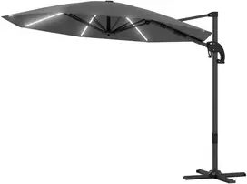 Outsunny konsolinis skėtis nuo saulės LED Solar Ø300cm reguliuojamo aukščio skėtis nuo saulės su rankena, stovu UV50+ atsparus vandeniui 360° besisukantis skėtis nuo saulės palenkiama sodo pavėsinė sodui, balkonui tamsiai pilka