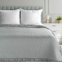 Eurofirany Sidabrinė dekoratyvinė lovatiesė 220x240, lovos užtiesalas su raukiniais, elegantiškas miegamojo dekoras, sidabrinė poliesterio lovatiesė, didelis dvigulės lovos užtiesalas Lovatiesė