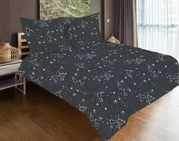 Multitex Satino medvilnės patalynės komplektas, 160x200 cm antklodės užvalkalas su dviem pagalvių užvalkalais, juodos ir baltos spalvos zodiako žvaigždynų raštas, OEKO-TEX, su užtrauktuku, minkšta patalynė