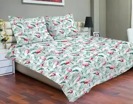 Patalynės komplektas Matex Patalynė atlasas 220x200 15A Premium flamingų palmių lapai mėtų rožinės spalvos