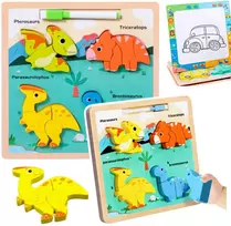 Lean Toys Medinė edukacinė dėlionė su dinozaurais ir piešimo lenta