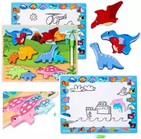 Lean Toys Medinė edukacinė dėlionė su dinozaurais ir piešimo lenta, 30 x 22.5 cm