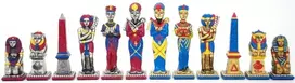Italfama EGIPTAS: didelės spalvintos metalinės šachmatų figūros. Aukštis: 12,5cm., diametras: 3,6cm.