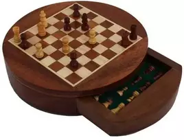 Italfama Magnetiniai mediniai šachmatai su apvalia rankų darbo lenta. Diametras 16cm., karalius: 1,8cm.