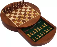 Italfama Magnetiniai mediniai šachmatai su apvalia rankų darbo lenta + ŠAŠKĖS. Diametras 25cm., karalius: 3,3cm.