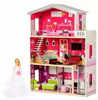Malibu Dollhouse 3 aukštų medinis lėlių namelis su baldais ir liftu, 114cm