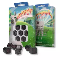 Dėlionė Q Workshop Žaidimų Kauliukų Rinkinys - Llama Spitty 7 Juodi Blizgantys Kauliukai su Purpuriniais Akcentais