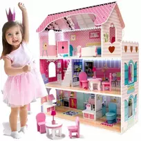 Doll House Medinis lėlių namas, 3 aukštų, su LED apšvietimu ir baldų komplektu