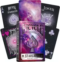 Bicycle Stargazer 201 purpurinės kortos – kosminis dizainas, pokeriui ir triukams