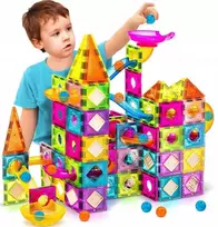 Magnetiniai edukaciniai 3D blokeliai su rutuliukų trasa – 98 dalių
