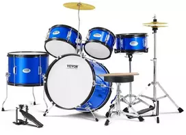 Vaikų būgnų komplektas, 5 dalių, 16 colių, pradedantiesiems, mėlynas, su kėdute, muzikos instrumentas, būgnai vaikams, mušamųjų rinkinys