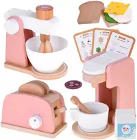 Jokomisiada Wooden Set Toaster Coffee Machine Mixer + Accessories – Small Pretend Play Appliances ZA5929