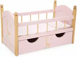 Arias medinė lėlių lovytė su stalčiumi ir patalyne, rožinė (iki 45 cm)