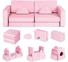 Didelė 2 vietų modulinė sulankstoma sofa vaikams „pasidaryk pats“ su 10 minkštų pagalvėlių – rožinė ECOTOYS