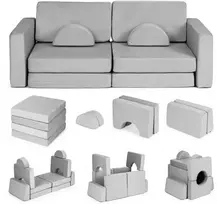 Didelė 2 vietų modulinė sulankstoma sofa vaikams „pasidaryk pats“ su 10 minkštų pagalvių – pilka ECOTOYS