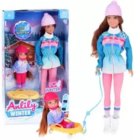 Anlily yra 30 cm lėlė ir 12 cm lėlė ant rogių žiemos sporto