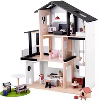 Modernus medinis lėlių namas LOFT su baldais